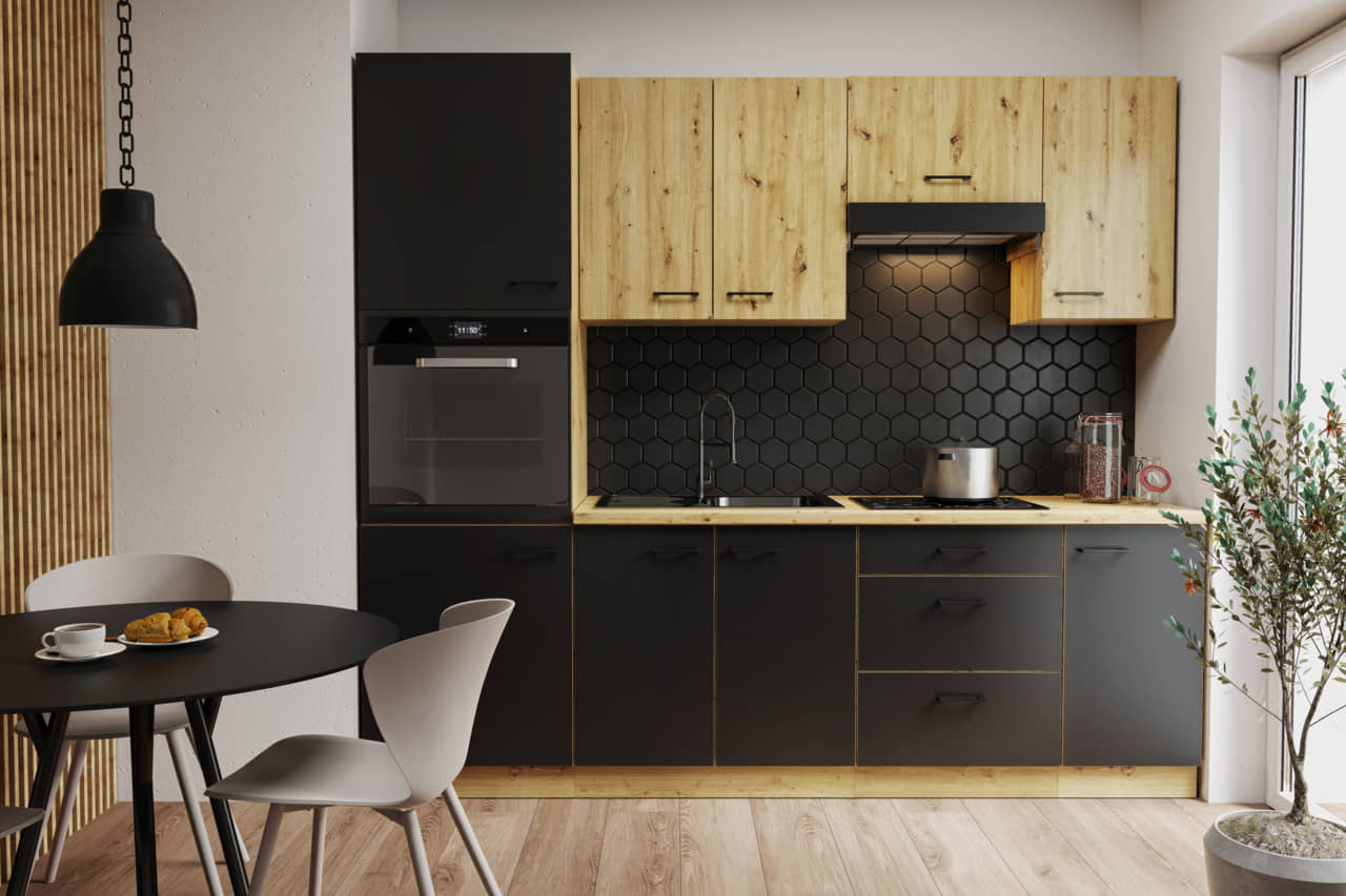 Meble kuchenne Modena czarny/artisan 240cm z blatem