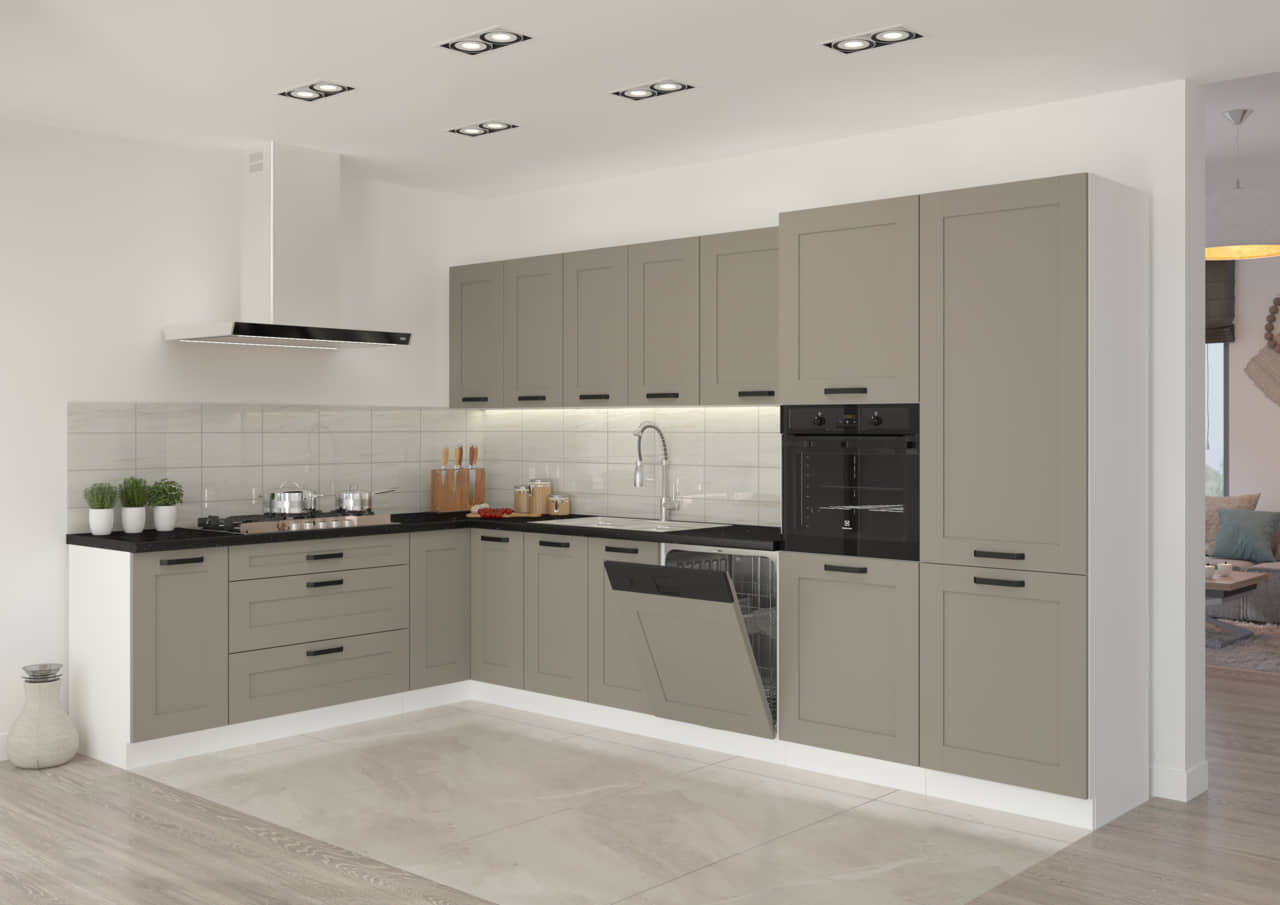 Kuchnia narożna z blatem Luna Clay Grey/biały 2,1m na 3,5m